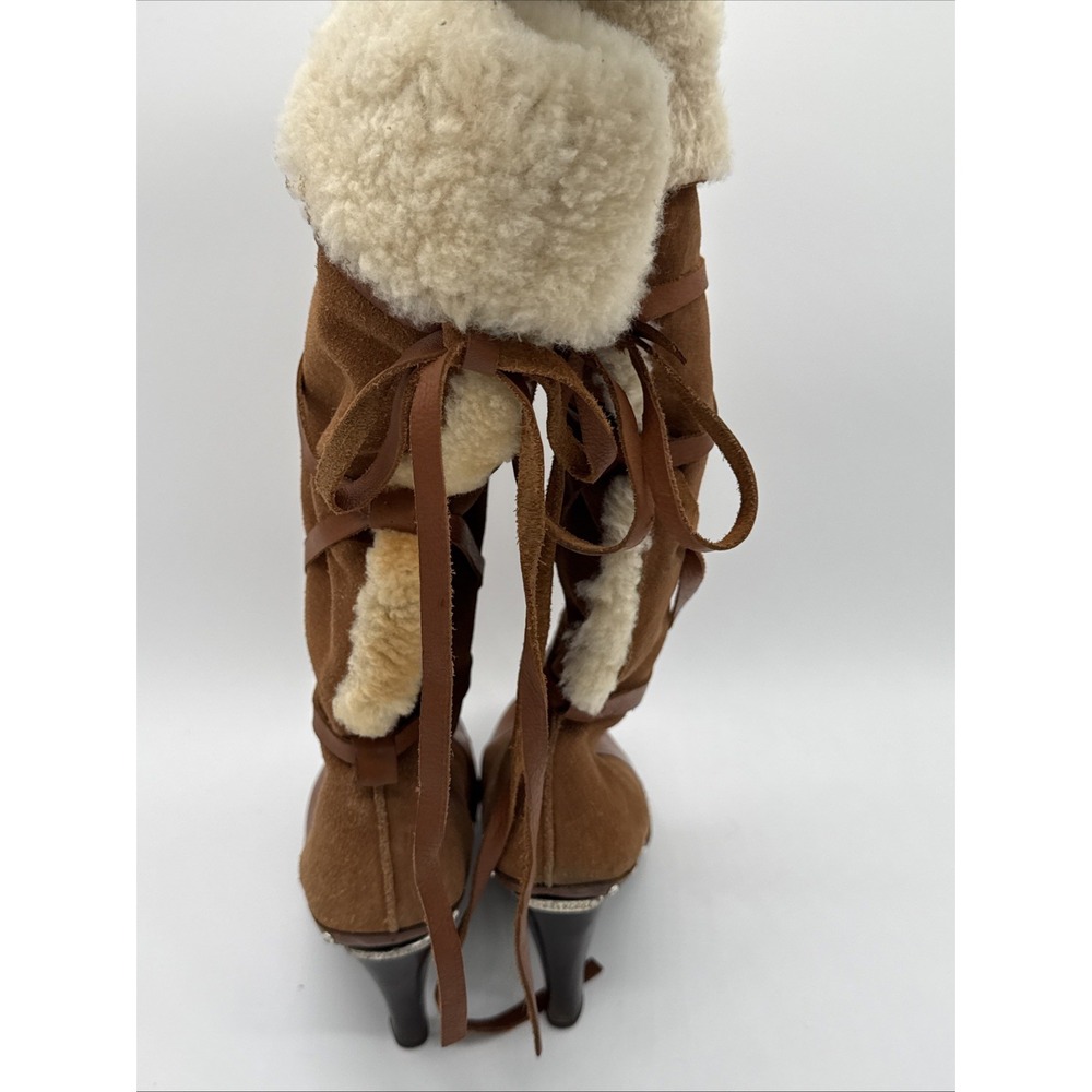 Michael Kors women's Brown Tall Sherpa Boots Heels Tie Fur  Warm Cozy 6.5 - Picture 2 of 11